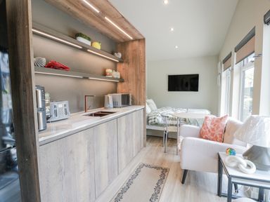 A kitchenette with appliances and a bed in a studio at Cabin At The Brig Annan