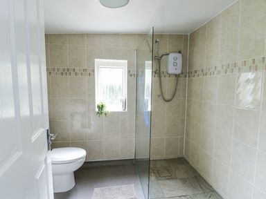 A bathroom with a shower and toilet at Harbour Lights in Holyhead
