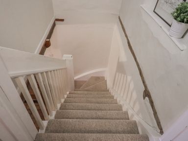 A staircase with carpet and a planter at The Old Post Box in Halesworth
