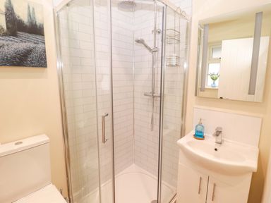 A bathroom with a shower, toilet, and sink at Sea Folly
