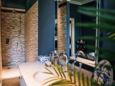 A bathroom with a shower and sink at St Anne's Manor in Torquay