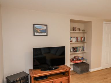 A living room with a television and shelves with books and games at Starlight Cottage 