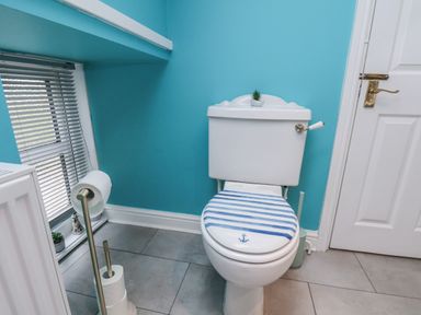 A toilet with a blue seat in a bathroom at Starlight Cottage
