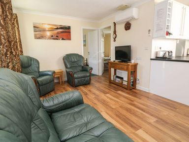 A living room with a television and chairs at Willow Lodge in Liskeard