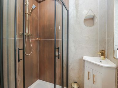 A bathroom with a shower and sink at Apple Byrd in Kendal