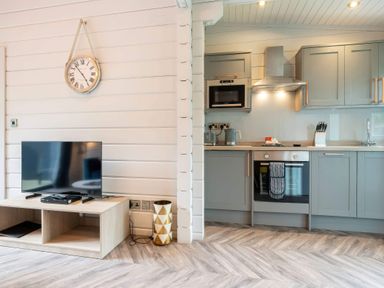 A kitchen with television, cabinets, microwave and stove at Askrigg in Aysgarth