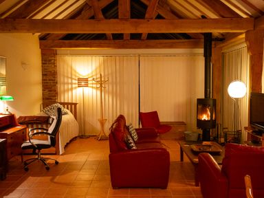 A living room with red sofa and a television at Nature's Lodge in Cookley