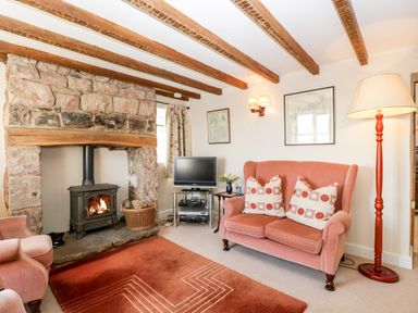 A living room with a stone fireplace wooden beams a television on a stand a pink sofa and armchairs and a red floor lamp at Gordons View Pleasant Stile near Gloucester