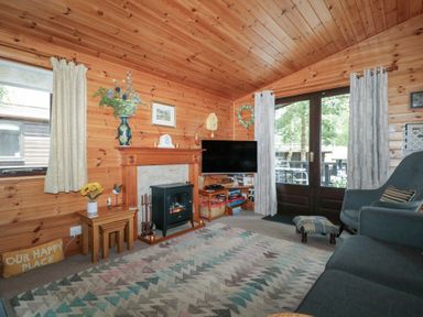 A living room with a television and fireplace at Watendlath in Keswick