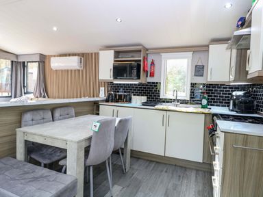 A kitchen with dining table and appliances at Wild Duck Holiday Park in Belton, Norfolk