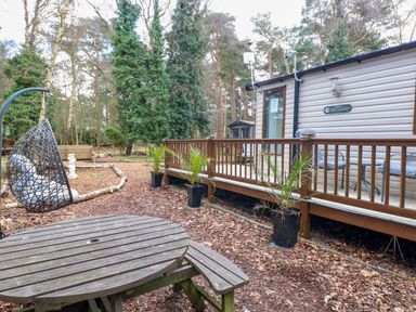 An outdoor space with a caravan and a garden table at Wild Duck Holiday Park, Belton, Norfolk