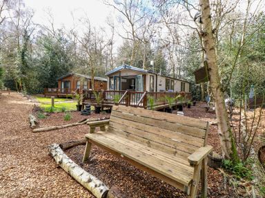 An outdoor area with lodges and a bench at Wild Duck Holiday Park in Belton, Norfolk
