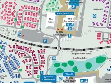 a map showing various facilities and layout of the area including the main entrance and features at Hafan y Mor Haven - Holiday Accommodation 11370 in Pwllheli