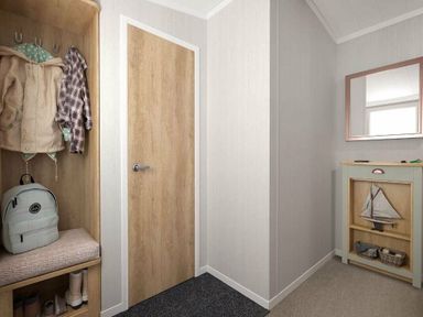 a hallway with a wooden storage unit, mirror, door, and a backpack at Perran Sands - Holiday Accommodation 12174, Perranporth