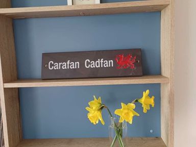 a wooden shelf with a sign saying Carafan Cadfan and a vase of yellow flowers at Hafan y Mor Haven - Holiday Accommodation 12637 in Pwllheli