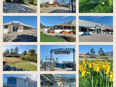 a collage of outdoor and indoor spaces with flowers and recreational areas at Hafan y Mor Haven - Holiday Accommodation 12637 in Pwllheli