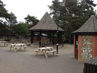 an outdoor seating area with a gazebo and picnic tables at Kelling Heath Holiday Park - Holiday Accommodation 13133, Holt
