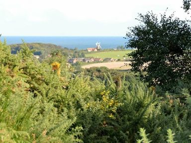 a landscape with greenery, a windmill, fields, and the sea in the background at Kelling Heath Holiday Park - Holiday Accommodation 13133, Holt