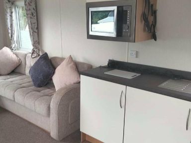 a living room with a sofa, microwave, and countertop at Hafan y Mor Haven - Holiday Accommodation 15817, Pwllheli