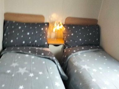two twin beds with gray star-patterned bedding and a bedside lamp at Hafan y Mor Haven - Holiday Accommodation 15817 Pwllheli