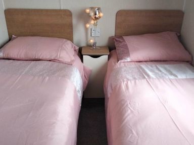 two single beds with pink bedding and a bedside table with a lamp at Hafan y Mor Haven - Holiday Accommodation 15817 in Pwllheli