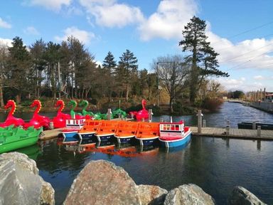 colorful boats and pedal swan boats docked at a river with trees and blue sky at Hafan y Mor Haven - Holiday Accommodation 15817 Pwllheli