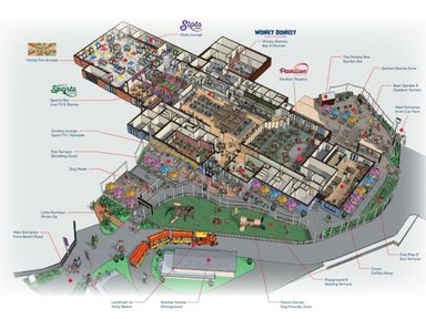 a detailed floor plan of a leisure complex showing various areas including dining, entertainment, and outdoor spaces at Unity Holiday Resort - Holiday Accommodation 15970, Brean Sands