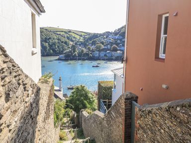A view of boats on water with houses and steps at Fastnet at Nonsuch House Dartmouth