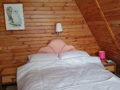 a bedroom with a wooden sloped ceiling and a pink bed at Hafan y Mor Haven - Holiday Accommodation 16279 in Pwllheli