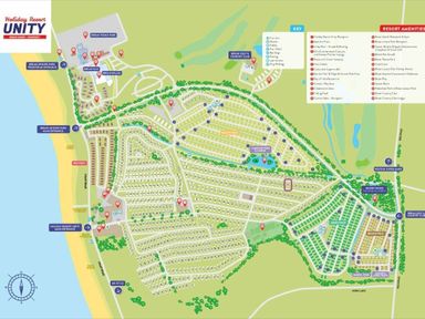 a map of Unity Holiday Resort showing various amenities and layout in Brean, Somerset, United Kingdom