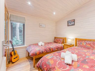 a bedroom with two beds, a guitar, and a lamp at Kelling Heath Holiday Park - Holiday Accommodation 18691, Holt