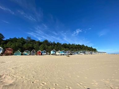 a row of beach huts along a sandy beach with trees in the background at Pinewoods Holiday Park - Holiday Accommodation 19734, Wells-Next-The-Sea