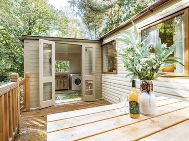 a porch with a beverage and vase near an open doorway at Kelling Heath Holiday Park - Holiday Accommodation 20958 Weybourne