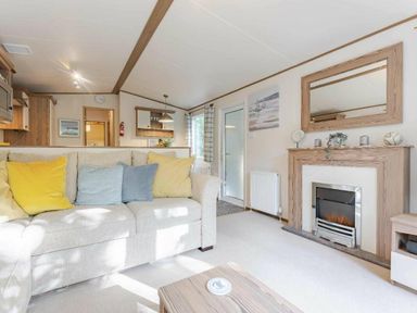 a living room with a sofa and fireplace at Kelling Heath Holiday Park - Holiday Accommodation 20958 in Weybourne