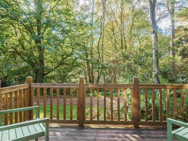 a wooden deck with green chairs overlooking a forested area at Kelling Heath Holiday Park - Holiday Accommodation 20958 Weybourne