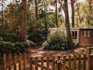 a holiday accommodation surrounded by trees with a wooden fence at Kelling Heath Holiday Park - Holiday Accommodation 21026 Kelling Heath