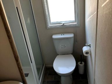 a bathroom with a toilet, shower, and window at Greenacres Holiday Park - Holiday Accommodation 21467, Morfa Bychan