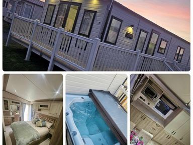 a holiday accommodation with a white deck, hot tub, bedroom, and kitchen at Tattershall Lakes Country Park - Holiday Accommodation 21501 in Tattershall