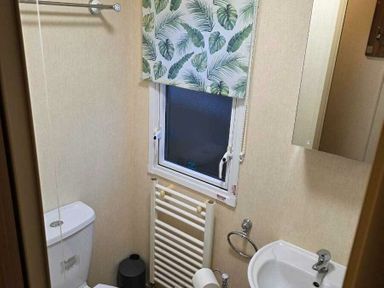 a bathroom with a toilet, sink, towel radiator, mirror, and tropical-themed curtain at Beacon Fell View Holiday Park - Holiday Accommodation 21653, Preston