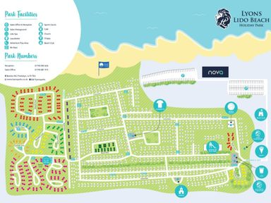 a map of Lyons Lido Beach Holiday Park showing facilities and park numbers in Prestatyn