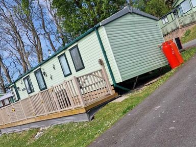 a green holiday caravan with a deck and two red gas canisters at Woodlands Holiday Park - Holiday Accommodation 21859 in Twywn