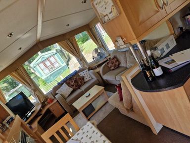 a living room area with sofas, a TV, and a dining table at Woodlands Holiday Park - Holiday Accommodation 21859 in Twywn