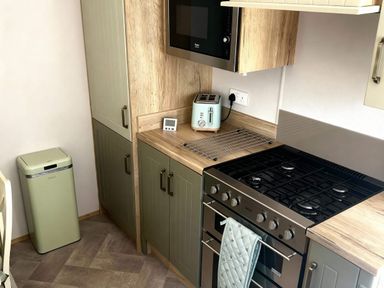 A kitchen with appliances and cabinets at Aberdunant Hall Holiday Park - Holiday Accommodation 21962 in Prenteg