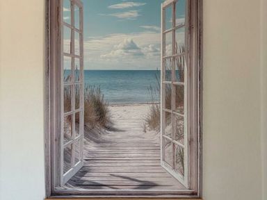a view of a beach with wooden walkway and ocean through open doors at Valley Farm Holiday Park - Holiday Accommodation 22153, Clacton-on-Sea