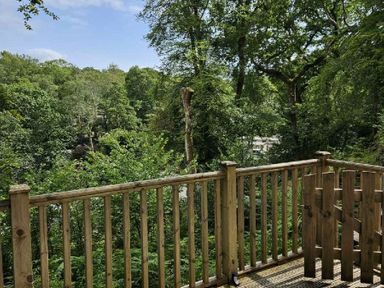 a view from a wooden balcony overlooking trees at Aberdunant Hall Holiday Park - Holiday Accommodation 22358, Porthmadog