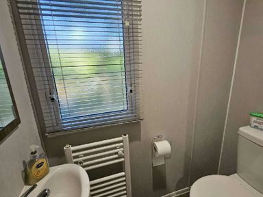a bathroom with a window, toilet, sink, and towel radiator at Aberdunant Hall Holiday Park - Holiday Accommodation 22358, Porthmadog