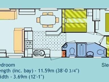 a floor plan showing a bedroom, living area, kitchen, and bathroom at Perran Sands - Holiday Accommodation 8131 Perranporth