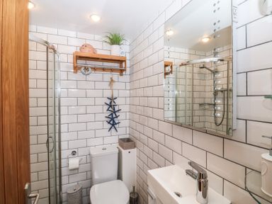 A bathroom with a shower, toilet, and sink at 58A South Ford Road Dartmouth