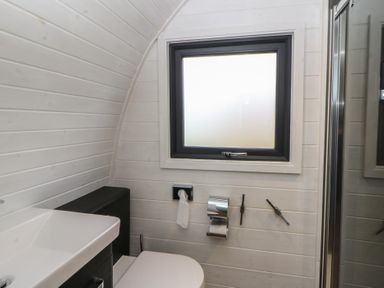 A bathroom with a sink, toilet, and shower at Garden Lodge 1 in Swansea