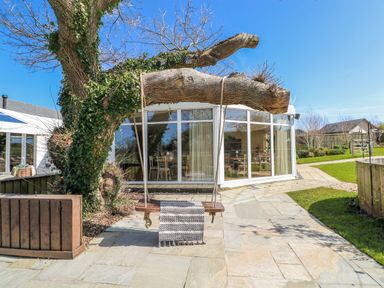 An outdoor area with a swing and a tree at Glamping Pod 1 in Oldwalls, Llanrhidian, Gower